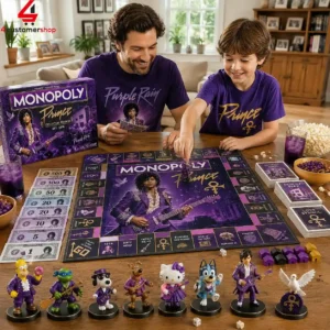 A father and son playing the Prince-themed Monopoly game.