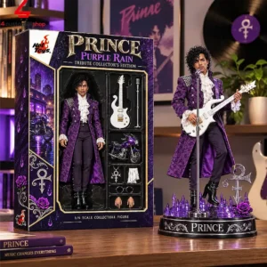 Hot Toys Prince Purple Rain 1/6 scale collectible figure displayed in its packaging and standing on a base.