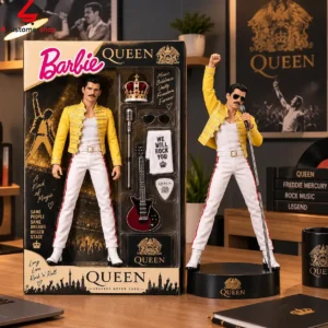 Freddie Mercury collectible action figure in yellow jacket and white pants with display box