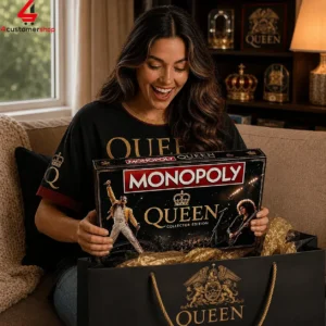 Queen Rock Band Collector Edition Monopoly Board Game 4 Woman smiling while holding a Queen themed Monopoly board game.