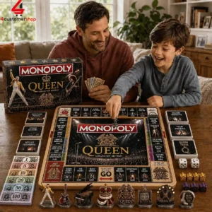 Queen Rock Band Collector Edition Monopoly Board Game 5 Father and son playing Queen Collector Edition Monopoly board game at home