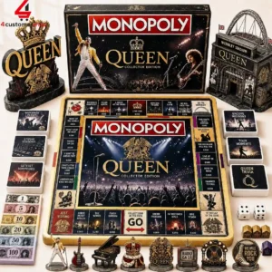 Queen rock band themed Monopoly board game set with collectible tokens and game board.