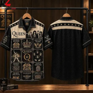 Front and back view of a black and tan Queen rock band themed button-up shirt on a hanger