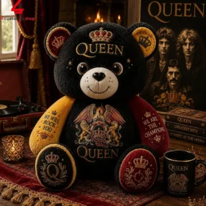 Plush teddy bear themed around the rock band Queen featuring iconic lyrics and crest embroidery.