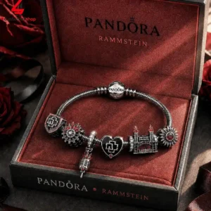 Pandora Rammstein collaboration charm bracelet inside a branded jewelry box.