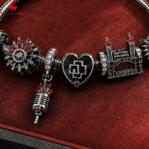 Rammstein Pandora Charm Bracelet Set 5 Rammstein themed charm bracelet with metal icons on red textured background