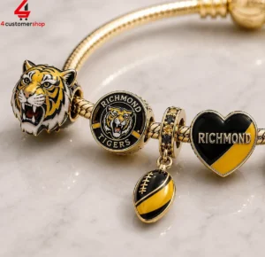 Richmond Tigers AFL gold charm bracelet with team logos and football pendant