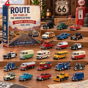 Route 66 100th anniversary advent calendar featuring 24 collectible miniature toy vehicles.