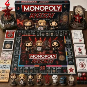 Rush band themed Monopoly board game set with collectible figurines and game pieces.