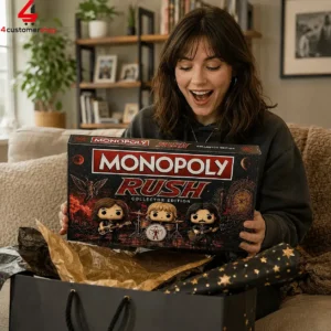 A woman enthusiastically opening a Monopoly Rush Collector Edition board game.