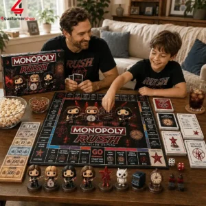 Father and son playing the Rush rock band themed Monopoly board game