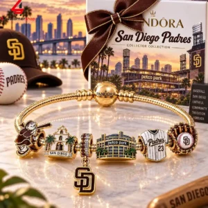 Pandora San Diego Padres charm bracelet with Petco Park packaging.