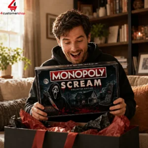 A man excitedly unboxing a Monopoly Scream Collector Edition board game.