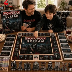 Father and son playing the Monopoly Scream Collector Edition board game at home.