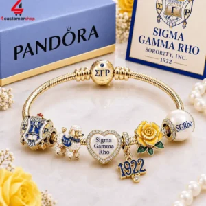 Sigma Gamma Rho gold charm bracelet with sorority symbols and Poodle mascot