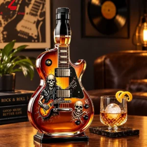 Guitar-shaped amber glass liquor bottle with skull rock and roll artwork