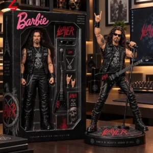 A limited edition Slayer thrash metal musician action figure with display packaging, accessories, and guitar.
