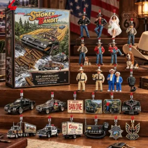Smokey and the Bandit 50th Anniversary Advent Calendar with miniature character and vehicle ornaments.