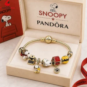Pandora Peanuts Snoopy theme gold-toned snake chain charm bracelet in gift box