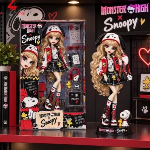 Monster High x Snoopy collector doll displayed next to its themed packaging box