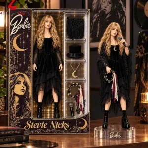 Stevie Nicks Barbie doll in display box and on stand