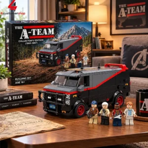 A-Team van building set with minifigures on a wooden table.