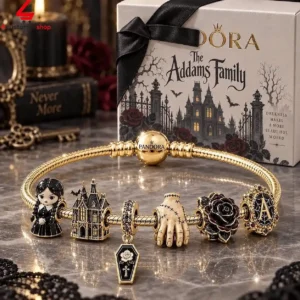 Pandora The Addams Family gold charm bracelet with character charms