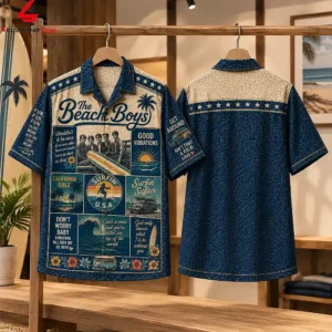 The Beach Boys themed graphic short-sleeve button-down shirt displayed on a clothing rack.