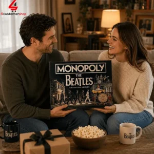 Couple playing The Beatles edition of Monopoly board game at home