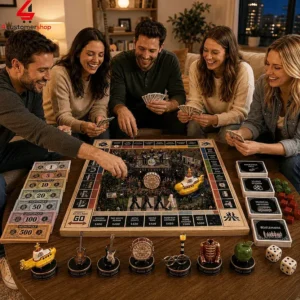 Group of friends playing a Beatles-themed Monopoly board game in a living room.