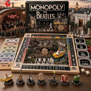 The Beatles Collector Edition Monopoly board game featuring musical instruments and iconic memorabilia.