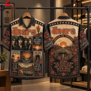 Front and back views of a vintage-inspired button-up shirt featuring The Doors band imagery and classic song lyrics.