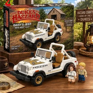 The Dukes of Hazzard building set featuring Daisy Duke's white 1979 Jeep CJ-7