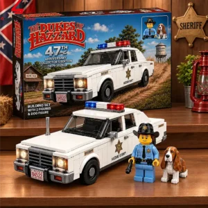 Dukes of Hazzard 47th Anniversary building set featuring a Hazzard County sheriff cruiser model