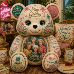 A decorative Golden Girls themed collectible teddy bear covered in show-related motifs and quotes.
