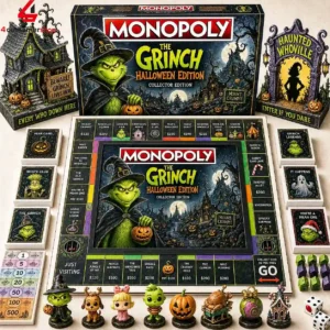 Monopoly The Grinch Halloween Edition board game set including game board, character tokens, and collector pieces.