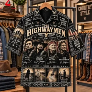 Black short-sleeve button-down shirt featuring The Highwaymen country music icons graphic art.