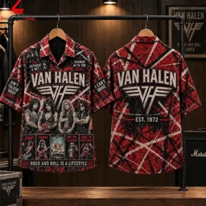 Front and back view of a Van Halen rock band printed short-sleeve button-down shirt hanging on a clothing rack.