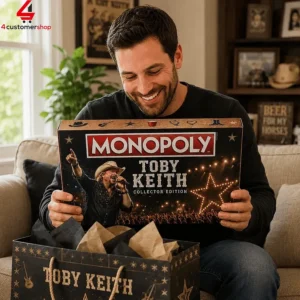 Man smiling while holding a Toby Keith Monopoly board game