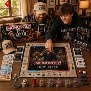 Two fans playing the Toby Keith collector edition Monopoly board game.