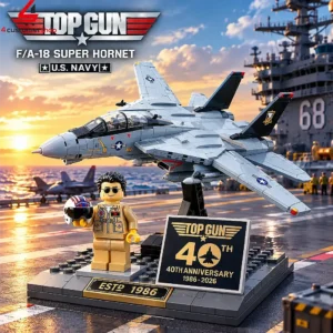 Top Gun 40th Anniversary F/A-18 Super Hornet building block set featuring a pilot minifigure on a carrier deck.