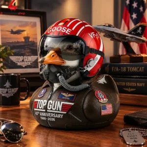 Goose pilot rubber duck wearing Top Gun flight gear and helmet