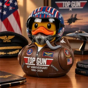 Top Gun 40th anniversary commemorative Maverick pilot rubber duck collectible.