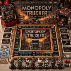 Monopoly Trucker Collector Edition board game set with unique character tokens, game board, box, and accessories on a table.