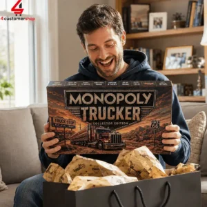 Man holding a Monopoly Trucker Collector Edition board game box.