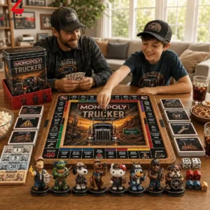 Father and son playing a trucking-themed board game at a wooden table.
