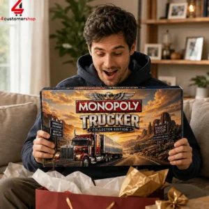 Man excitedly holding the Monopoly Trucker Collector Edition board game box.