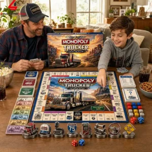 A father and son playing Monopoly Trucker Collector Edition board game at home.