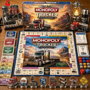 Monopoly Trucker Collector Edition board game set with themed tokens and money.