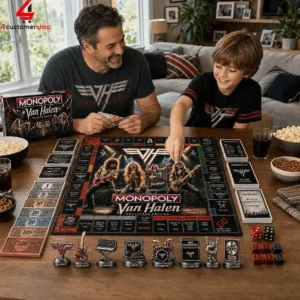 Van Halen Collector Edition Monopoly Board Game 5 Father and son playing Van Halen Monopoly board game at home